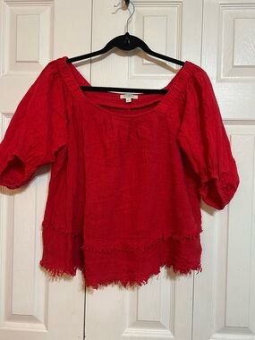 Umgee Red Frayed-Hem Peasant Blouse